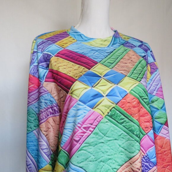 Colorful Checkered Patchwork Print Casual Long Knit Top L - Picture 2 of 8